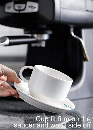 Sweese 8 Ounce Porcelain Stackable Cappuccino Cups with Saucers and Metal Stand - for Specialty Coffee Drinks, Cappuccino, Latte, Americano and Tea - Set of 4, White