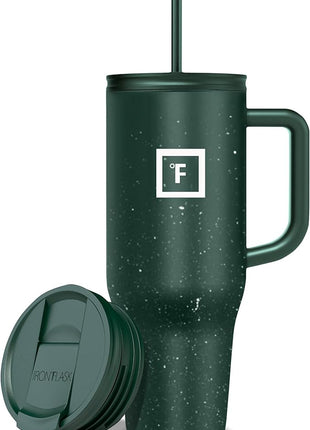 IRON °FLASK Co-Pilot Insulated Mug w/Straw & Flip Cap Lids - Cup Holder Bottle for Hot, Cold Drink - Leak-Proof- Water, Coffee Portable Travel Tumbler - Dark Pine Speckle, 40 Oz
