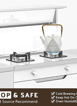 Toptier Cast Iron Teapot, Stovetop Safe Japanese Cast Iron Tea Kettle, Diamond Design Tea Pot with Removable Infuser for Loose Tea, 30 Ounce (900 ml), White