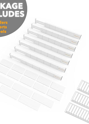 SpaceAid Bamboo Drawer Dividers with Inserts and Labels, Kitchen Adjustable Drawer Organizers, Expandable Organization for Home, Office, Dressers, 7 Dividers with 15 Inserts (17"-22" White)