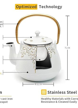 TOPTIER Japanese Cast Iron Tea Kettle with Infuser,Teapot Stovetop Safe, Leaf Design , Coated with Enameled Interior for 32 Ounce (950 ml), White