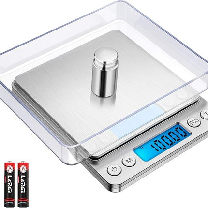 (New) AMIR Digital Kitchen Scale, 500g/ 0.01g Mini Pocket Jewelry Scale, 100g Calibration Weight, Cooking Food Scale, Back-Lit LCD Display, 2 Trays, 6 Units, Auto Off, Tare, PCS, Stainless Steel