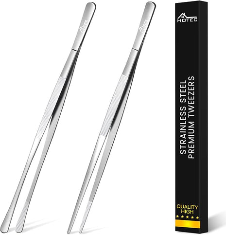 HOTEC Kitchen Tweezers Tongs Stainless Steel Professional Chef Tweezers, Set of 2-12inch Extra-Long Food Tongs for Cooking,Grill and Baking
