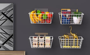 MaraFansie Wall Wire Baskets Adhesive Basket Hanging Kitchen Baskets No Drilling for Cabinet & Pantry Organization and Kitchen, Bathroom, Bedroom Storage, 4 Pack, White