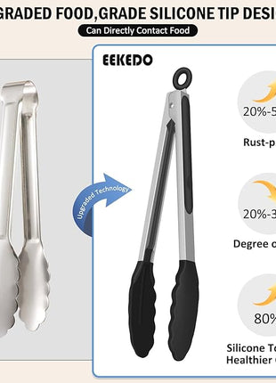Kitchen Tongs, Stainless Steel Silicone Tongs for Cooking 600ºF High Heat-Resistant BBQ Grilling Locking Tongs, Set of 2-9" and 12" Black