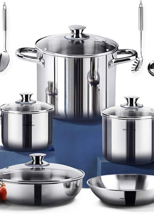 HOMICHEF 14-Piece Nickel Free Stainless Steel Cookware Set - Nickel Free Pots and Pans Set - Non-Toxic, Healthy Induction Cookware