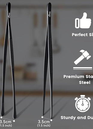 HOTEC Kitchen Tweezers Tongs Stainless Steel Professional Chef Tweezers, Set of 2-12inch Extra-Long Food Tongs for Cooking,Grill and Baking