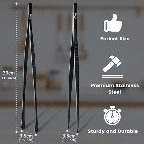 HOTEC Kitchen Tweezers Tongs Stainless Steel Professional Chef Tweezers, Set of 2-12inch Extra-Long Food Tongs for Cooking,Grill and Baking