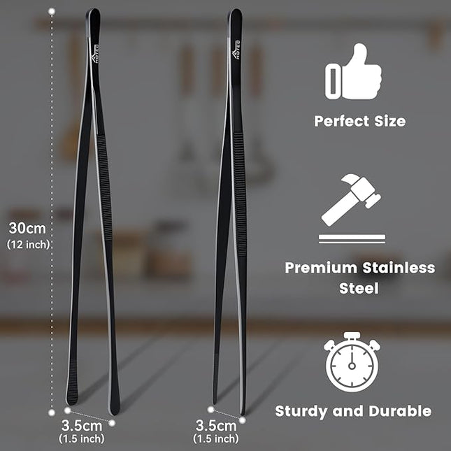 HOTEC Kitchen Tweezers Tongs Stainless Steel Professional Chef Tweezers, Set of 2-12inch Extra-Long Food Tongs for Cooking,Grill and Baking