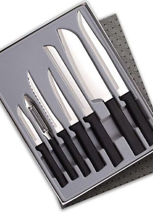 Rada Cutlery 7-Piece Starter Knife Gift Set (G257), Stainless Steel Hollow Ground Blades, Made in USA, Black Handles