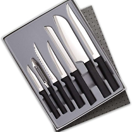 Rada Cutlery 7-Piece Starter Knife Gift Set (G257), Stainless Steel Hollow Ground Blades, Made in USA, Black Handles