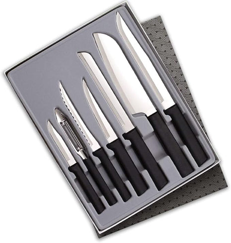 Rada Cutlery 7-Piece Starter Knife Gift Set (G257), Stainless Steel Hollow Ground Blades, Made in USA, Black Handles