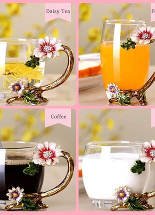 Enamel Sunflower Crystal Lead-Free Glass Tea Cup with Spoon Set, Present for The Christmas, Valentine's Day.Best Present for Mother, Grandma, Girlfriend, Sister.
