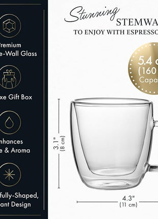 ELIXIR GLASSWARE Double Wall Espresso Shot Glass - 5.4 oz - Set of 2 Glass Coffee Mugs - Double Walled Glass Coffee Mugs, Insulated Clear Glass Espresso Mugs, Double Wall Insulated Glasses
