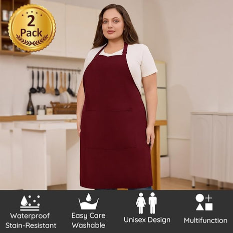 2 Pcs Plus Size Chef Apron, Unisex Professional Apron with 2 Pockets for Cooking, Work, Baking (Larger Size)