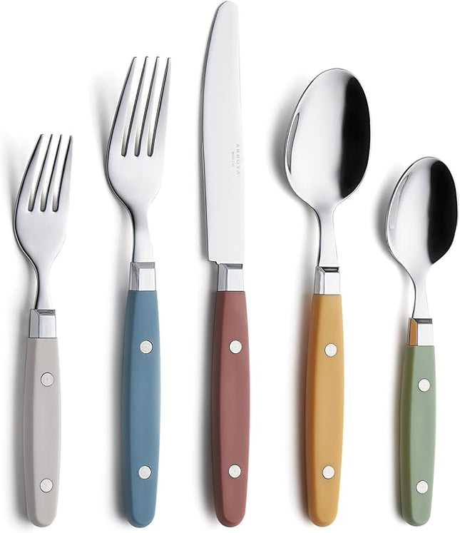 ANNOVA Silverware Set, Retro/Rivet Colorful Stainless Steel Tableware Kitchen Flatware Set Utensils, Includes Dinner Knives, Forks, Spoons, Salad Forks & Dessert Spoons (Morandi Mix, 20 Pieces)