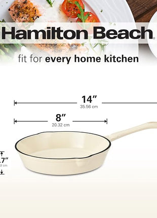 Hamilton Beach Enameled Cast Iron Fry Pan 8-Inch Cream, Cream Enamel Coating, Skillet Pan for Stove Top and Oven