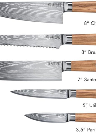Yatoshi Knives Magnetic Kitchen Knife Block Set - Japanese 67 Layer High-Grade VG-10 Steel Knives, Sharp, Professional Kitchen Knife Set - Damascus (6 pieces), Olive Wood Handles