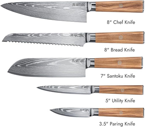Yatoshi Knives Magnetic Kitchen Knife Block Set - Japanese 67 Layer High-Grade VG-10 Steel Knives, Sharp, Professional Kitchen Knife Set - Damascus (6 pieces), Olive Wood Handles