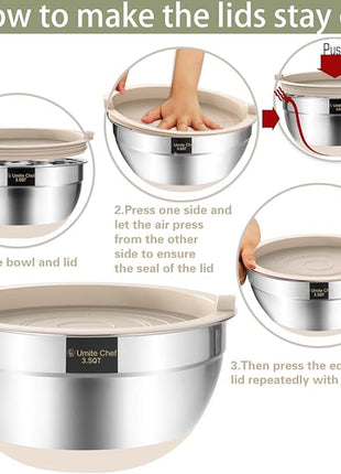 Umite Chef Mixing Bowls with Airtight Lids, 6 piece Stainless Steel Metal Nesting Storage Bowls, Non-Slip Bottoms Size 7, 3.5, 2.5, 2.0,1.5, 1QT, Great for Mixing & Serving (Khaki)