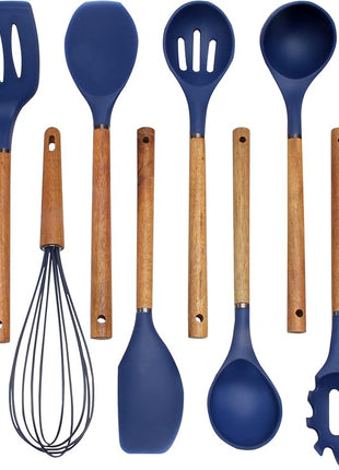 Country Kitchen Non Stick Silicone Utensil Set with Rounded Wood Handles for Cooking and Baking, 8 Piece Set, Navy