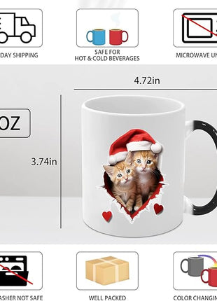 Caliamary Heat Changing Mug, Funny Cat Heat Changing Ceramic Coffee Mug, 11 oz Heat Sensitive Color Changing Coffee Mug Cup, Cute Xmas Gift Mug for Women Men Kids… (Two cats)