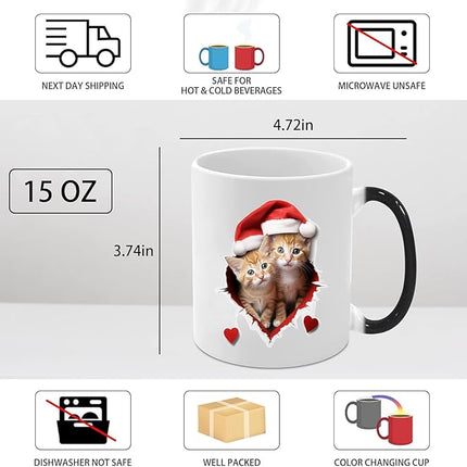 Caliamary Heat Changing Mug, Funny Cat Heat Changing Ceramic Coffee Mug, 11 oz Heat Sensitive Color Changing Coffee Mug Cup, Cute Xmas Gift Mug for Women Men Kids… (Two cats)