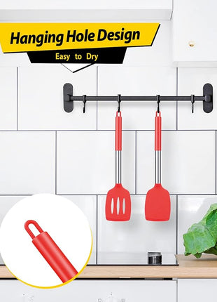 Pack of 2 Silicone Solid Turner, Non Stick Slotted Kitchen Spatulas, High Heat Resistant BPA Free Cooking Utensils, Ideal Cookware for Fish, Eggs, Pancakes(Red)