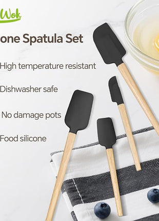 Black Silicone Spatula Set, Food Grade Rubber Spatula-4 Piece Nonstick Rubber Spatulas, Spoonula, Jar Scraper for Cooking, Baking, Mixing, Frosting