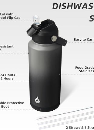 BJPKPK Water Bottle with Straw Lid, 32oz Vacuum Insulated Water Bottles, Metal Stainless Steel Thermo for Sports, Travel, BPA Free Leak Proof Thermo, Cups, Flasks, Tumblers,Black Grey