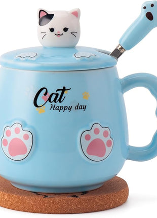 Cute Cat Mug, Novelty Ceramic Coffee Tea Milk Cup with Lovely Kitty Lid, Kawaii Claw Spoon, Anime Coaster, Novelty Things Birthday Christmas Gift for Cat Lovers Women Her, 14 oz, Blue