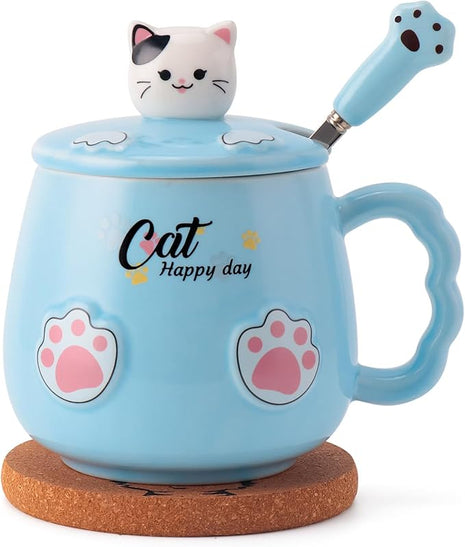 Cute Cat Mug, Novelty Ceramic Coffee Tea Milk Cup with Lovely Kitty Lid, Kawaii Claw Spoon, Anime Coaster, Novelty Things Birthday Christmas Gift for Cat Lovers Women Her, 14 oz, Blue