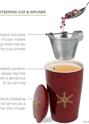 Tea Forte Double-Walled Ceramic Kati Cup, Removable Stainless Steel Infuser Basket and Lid, Steeps 12 oz Loose Leaf Tea, Dishwasher & Microwave Safe, Warming Joy
