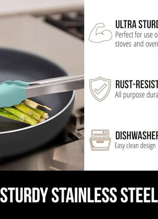 GORILLA GRIP Stainless Steel Heat Resistant Kitchen Tongs for Cooking, 9 + 12 Inch, Set of 2 BBQ Tong, Non Scratch Silicone Tip for Pan, Strong Grip, Grab Food, Toss Salad, Air Fryer, Pull Lock, Mint