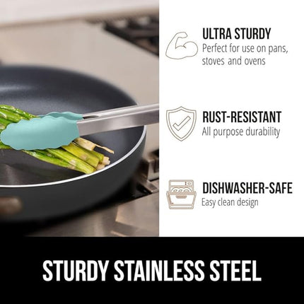 GORILLA GRIP Stainless Steel Heat Resistant Kitchen Tongs for Cooking, Set of 2 BBQ Tong, Non Scratch Silicone Tip for Pans, Strong Grip, Grab Food, Toss Salad, Air Fryer, Pull Lock, 7 + 9 Inch, Mint