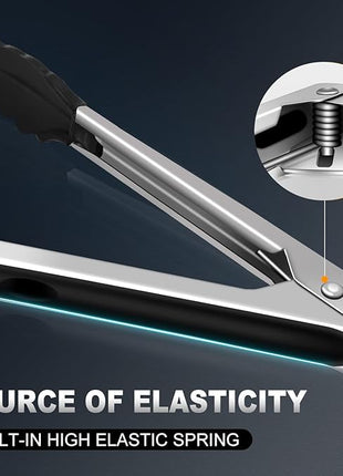 Kitchen Tongs with Silicone Tips, Tongs for Cooking Heat Resistant 600 Degrees Stainless Steel Locking Tong - 7" 9" & 12 inch Silicone Tong Non-Stick, Black Set of 3