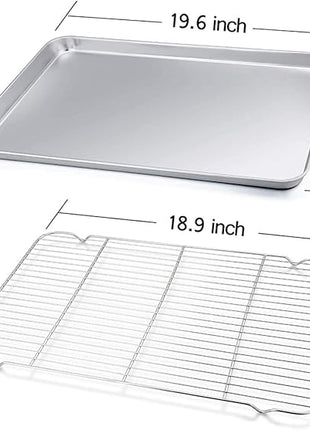 TeamFar Baking Sheet with Cooling Rack, Stainless Steel Half Size Cookie Sheet Pan and Baking Rack Set, 20’’×14’’×1’’, Non Toxic & Rust Free, Thick & Heavy Duty, Mirror Finish & Dishwasher Safe