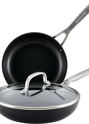 KitchenAid Hard Anodized Induction Nonstick Frying Pan Set With Lid, 3-Piece – 8 & 10 Inch Skillets, Durable, Even Heating, Dishwasher & Oven Safe, Easy-Clean, Matte Black