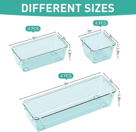 WOWBOX 12 Pack Clear Drawer Organizer Set, Acrylic Drawer Storage Trays, Storage Bins for Makeup, Cosmetics, Jewelries, Utensils, Gadgets, Office, Sea Blue