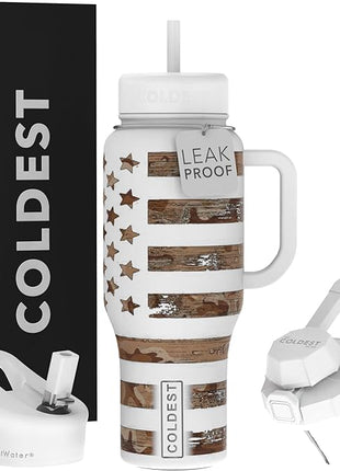 Coldest Tumbler with Handle and Straw - 100% Leak Proof Insulated Tumbler with Lid and Straw (3 Lids) - Stainless Steel Tumblers for Women & Men - Cup Holder Friendly Base, 36 oz (The Patriot)