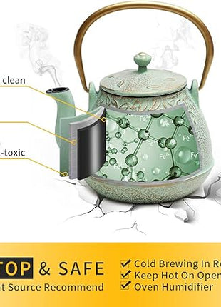 Tea Kettle, TOPTIER Japanese Cast Iron Teapot with Infuser for Loose Leaf and Tea Bags, Stovetop Safe Cast Iron Tea Kettle Coated with Enameled Interior for 40 oz (1200 ml), Light Green