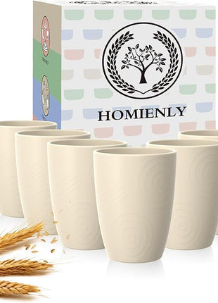 Homienly Wheat Straw Cups, Alternative to Plastic Cups Set of 6, Premium Drinking Glasses - 12 OZ, Unbreakable Drinking Cup, Dishwasher & Microwave Safe Tumbler Cup for Kitchen, Kids, Picnic - Beige