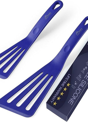 HOTEC 600℉ Heat Resistant Silicone Slotted Fish Turner Spatula Set, BPA Free Kitchen Cooking Spatulas, for Non Stick Cookware Dishwasher Safe Classic Blue, set of 2