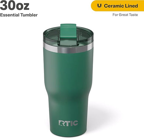 RTIC 30oz Essential Tumbler with Lid, Ceramic Lined, Insulated, Stainless Steel, Metal, Double Wall Vacuum-Insulation, Travel Cup for Iced Coffee, Tea, Hot and Cold Drink, Pine Tree
