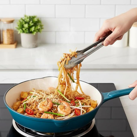 Hamilton Beach Enameled Cast Iron Fry Pan 8-Inch Navy, Cream Enamel Coating, Skillet Pan for Stove Top and Oven