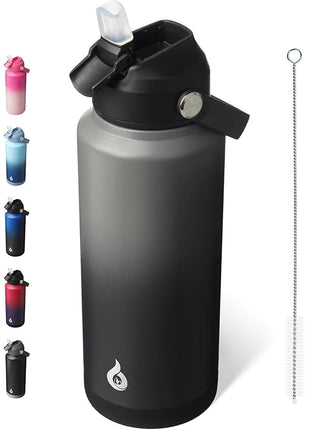 BJPKPK Water Bottle with Straw Lid, 32oz Vacuum Insulated Water Bottles, Metal Stainless Steel Thermo for Sports, Travel, BPA Free Leak Proof Thermo, Cups, Flasks, Tumblers,Black Grey