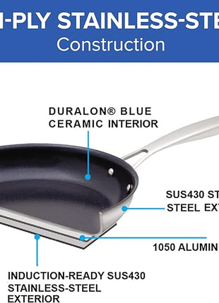 Nuwave Pro-Smart 12” & 8” SS Fry Pan Set, Healthy Duralon Blue Non-Stick Ceramic Coating, Heavy-Duty Tri-Ply Construction, Ergonomic Stay-Cool Handles, Induction-Ready & Works on All Cooktops