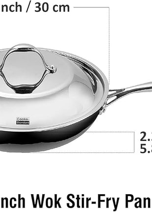 Cooks Standard Stainless Steel Frying Pan 12 Inch, Multi-Ply Full Clad Wok Stir-Fry Cooking Skillet Pans with Dome Lid, Stay-Cool Handle, Dishwasher Safe, Oven Safe 500°F, Silver