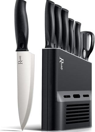 Kitchen Knife Set with Block, 7 Pieces Chef Knife Set with Knives, Scissor, Block for Meat/Vegetables/Fruits Chopping, Slicing, Dicing&Cutting