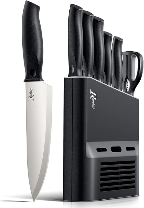 Kitchen Knife Set with Block, 7 Pieces Chef Knife Set with Knives, Scissor, Block for Meat/Vegetables/Fruits Chopping, Slicing, Dicing&Cutting